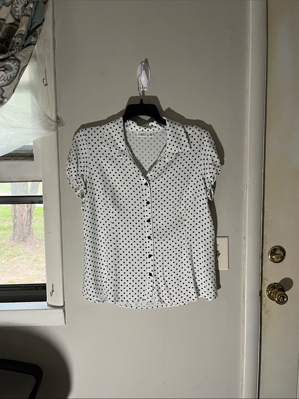 Cato White Short-Sleeve Button-Down Blouse with Black Polka Dots